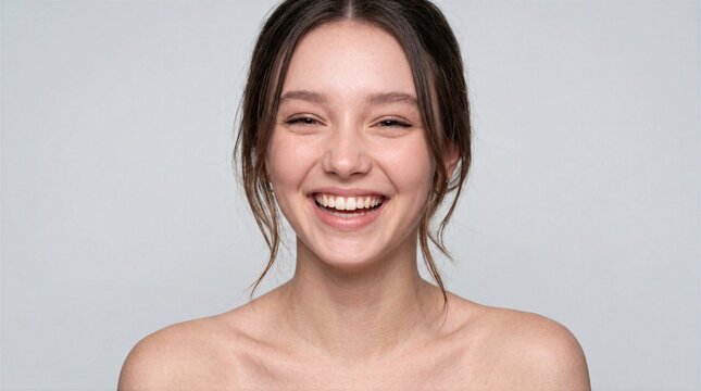 A stunning 8K close-up portrait of a young woman with a genuine, infectious laugh, captured against a clean and minimalist gray studio background.