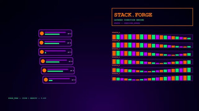 A digital cognitive assembly interface displays animated bar graphs and data streams across dark screens depicting simulated processing states in a modern computing environment