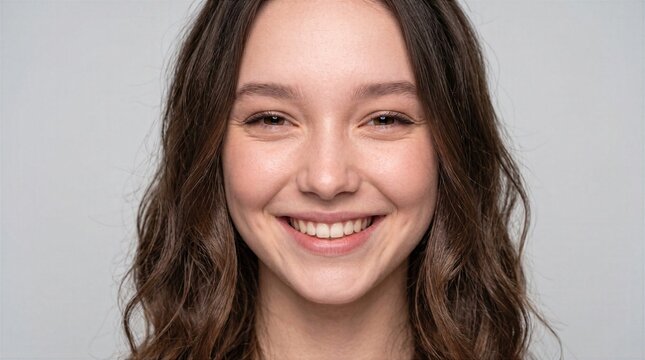 A stunning 8K close-up portrait of a young woman with a genuine, radiant smile, captured in a direct front-facing view against a clean and minimalist gray studio background.