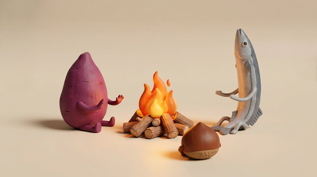 3D clay illustration of a sweet potato, a fish, and a chestnut sitting around a campfire.