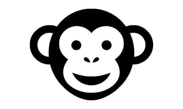 Minimalist monkey face icon with rounded ears and cheerful expression isolated on white background, animal character design concept