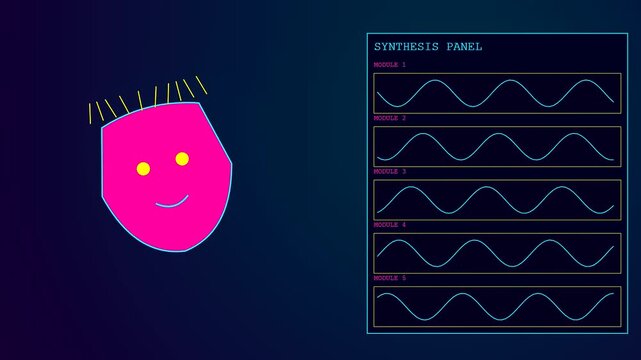 A cognitive assembly of animated pink characters showing varied facial expressions positioned next to digital signal panels displaying simple undulating wave patterns on a dark backdrop