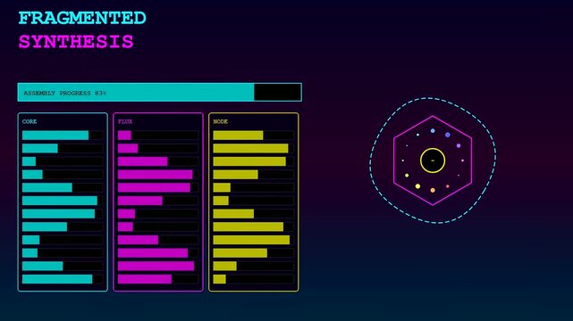 A digital cognitive assembly interface showcasing real time data loading in three progress stages with glowing neon charts and geometric shapes on a dark screen