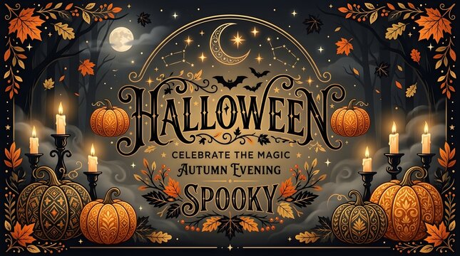 Elegant Halloween Typography with Ornate Pumpkins and Candles