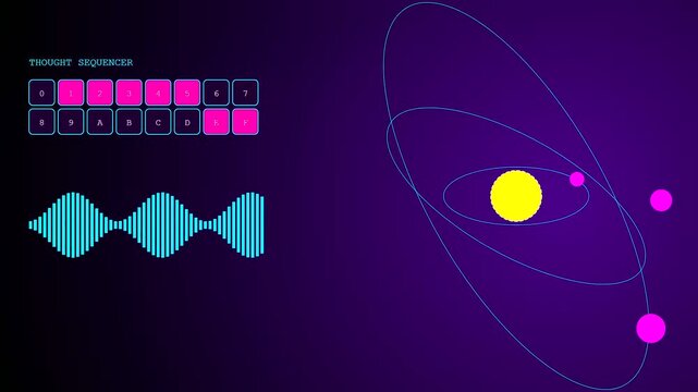 Vibrant cognitive assembly features geometric orbits rotating around a central luminous sphere accompanied by pulsing sinusoidal light frequencies set against a deep dark purple gradient canvas