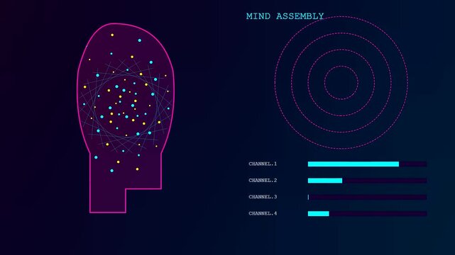 A cognitive assembly visualization shows shifting digital nodes and pulsating data channels within a stylized head silhouette displaying glowing lights against a dark ambient space environment