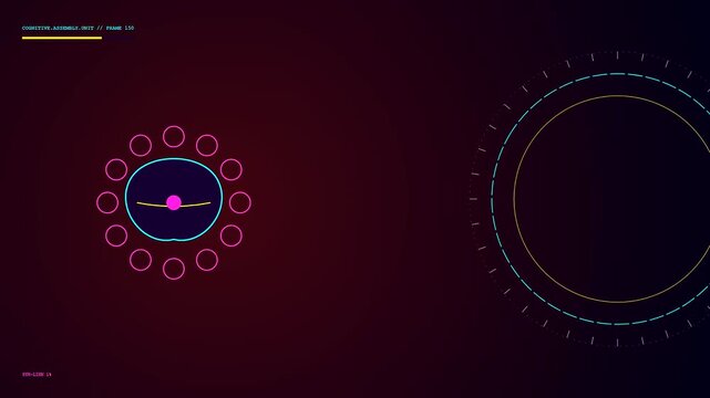 the cognitive assembly process displays circular neon interfaces with central pulsing dots glowing against a dark maroon atmosphere shown in three repeating sequential frame panels