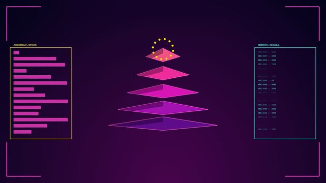 A digital cognitive assembly visualization features repeating data streams and geometric pyramid structures pulsing with vibrant purple light hues across a seamless looping computer interface display