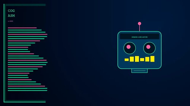 The cognitive assembly sequence displayed as a digital interface with rhythmic blinking circular eyes and horizontal bars flickering on a deep blue dark computer monitor