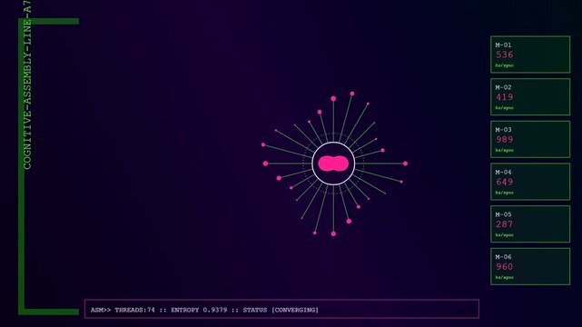 The cognitive assembly interface features a glowing central node radiating data lines while numerical values fluctuate within dark screen panels during a digital synchronization process