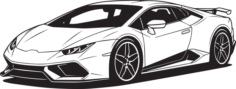 Sleek White Supercar with Aggressive Aerodynamic Body, Large Rear Wing and Multi-Spoke Wheels, Bold Graphic Silhouette Style black and white vector illustration

