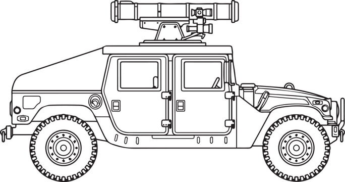 Military Humvee with Roof-Mounted Turret Weapon System, Tactical Armored Vehicle Side View Line Art Style black and white vector illustration
