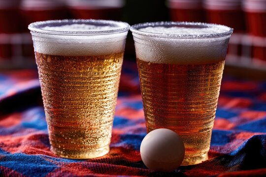 Two refreshing beers with frothy tops sit ready with a small white ball