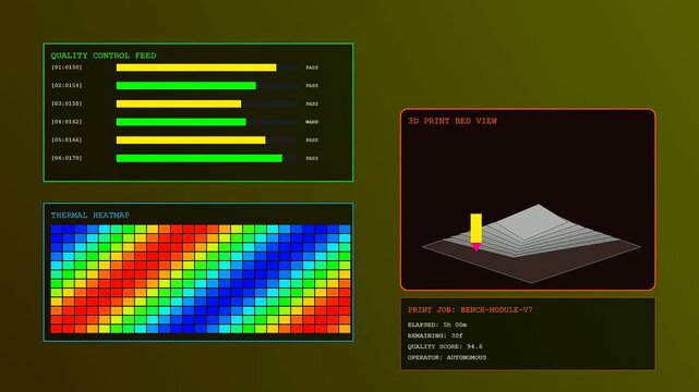 Automated concrete printing progress displayed on a digital monitor interface showing thermal heatmaps and quality control data during the additive manufacturing process in a laboratory