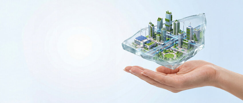 Female hand holding a futuristic eco friendly green city model on a piece of ice