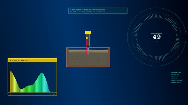 Automated concrete printing process visualized through a digital monitor interface showing cross section construction layers and hardening analysis graphs on a blue gradient illuminated data dashboard