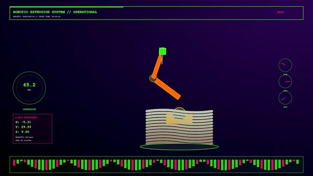 a futuristic concrete printing interface displays data and robotic arm movements across three panels showing the incremental growth of an extruded structure in a dark room