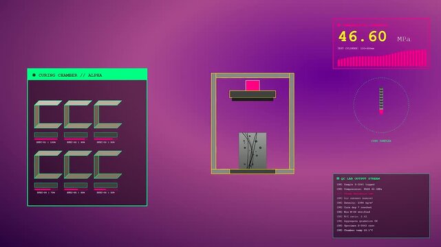 Industrial concrete printing sequences displayed on a digital interface showing compression test data for building materials within a laboratory setting with magenta lighting and procedural graphics