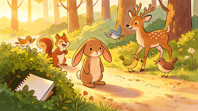 Coelho marrom e outros animais em uma trilha na floresta