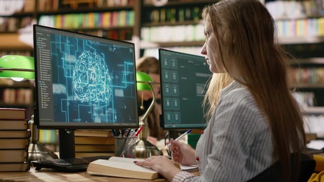 Student research AI brain visuals on desktop while reading books and taking notes at shared library technology desk for digital learning, computer class with science, supporting AI learning.