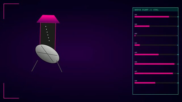 A digital batch plant concrete printing interface displays moving graphical elements and data loading progress bars in a dark room with purple glowing light effects