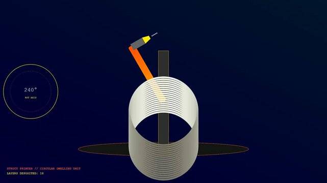 Automated concrete printing construction process shows a mechanical arm depositing layers of material to form a circular dwelling unit against a dark digital interface screen