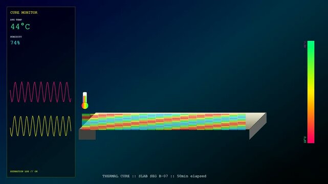 A digital concrete printing monitoring interface displays thermal curing progress over three time intervals as temperatures shift on the simulated slab surface in dark studio lighting