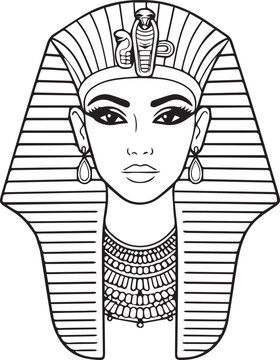 Egyptian Pharaoh Queen Wearing Striped Nemes Headdress With Cobra And Vulture Emblem, Ancient Royalty Portrait Black And White Vector Illustration

