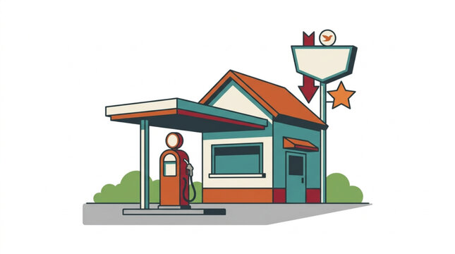 Retro Gas Station Building with Pump and Sign.