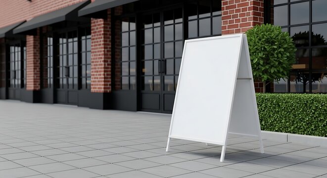 Modern Outdoor Blank Signboard Stand in Front of Brick Storefront