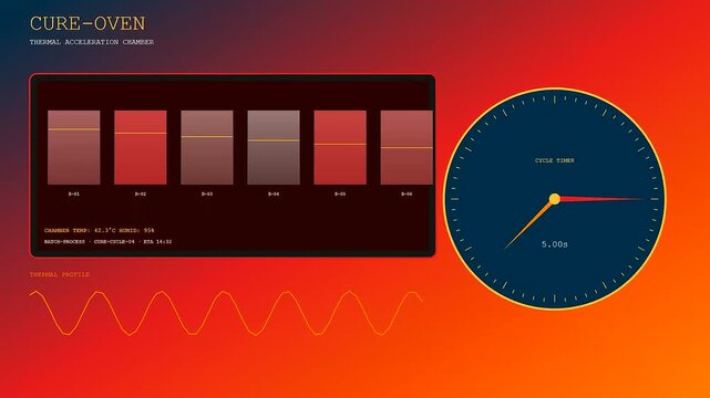 A digital screen interface for concrete printing monitoring shows shifting orange to blue gradients while tracking thermal cycles within an automated industrial chamber manufacturing assembly process