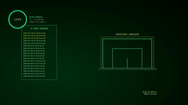 Innovative concrete printing interface showing modular building construction progress in real time with data streams and wireframe graphics displayed on a dark green digital screen display