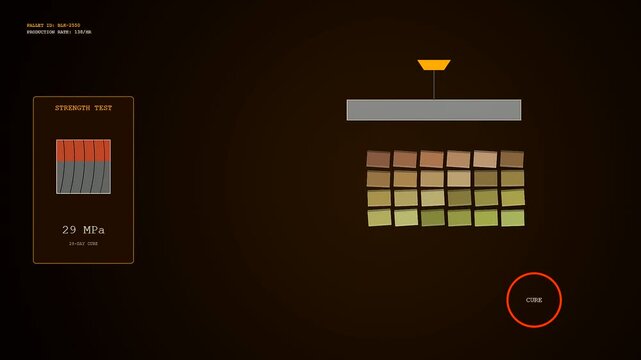 Concrete printing process displayed on a digital interface showing a structural strength test with layered composite blocks undergoing pressure and stress in a laboratory environment
