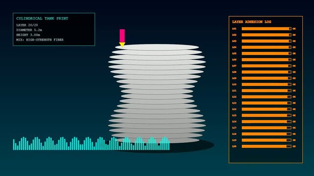 Industrial concrete printing process showing layer construction on a monitor interface with digital metrics and data feedback panels displayed in a dark room environment