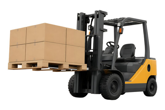 Industrial yellow forklift lifting cardboard boxes on wooden pallet isolated on white background.