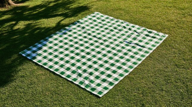 Gingham picnic blanket laid on lush green grass, dappled sunlight