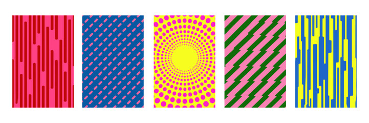 Fototapeta premium Set of bold abstract backgrounds with dots, stripes, and geometric patterns in high contrast vibrant colors, pop art inspired trendy design for posters, covers, and creative projects.