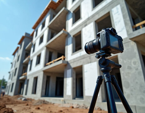 Camera on tripod documents multistorey building construction site. Unfinished concrete structure exterior. Workers inspect progress in distance on clear day.