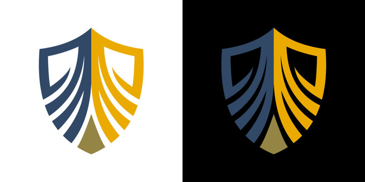 Shield logo with abstract curved lines in blue, yellow, and white colors