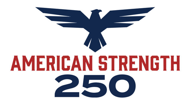 American strength 250 logo with a blue eagle icon above red text and blue numbers, representing a patriotic brand identity for fitness or powerlifting