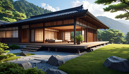 Obraz premium Tranquil Japanese Traditional House with Serene Garden and Mountain Backdrop.