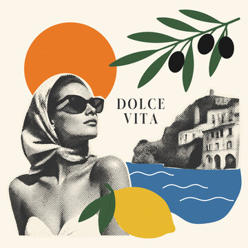 Retro travel collage with woman portrait, sun, olive branch and sea, dolce vita concept in halftone style, trendy Italian vacation illustration for poster and branding.