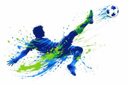 Dynamic silhouette of soccer player doing bicycle kick with neon paint splashing.