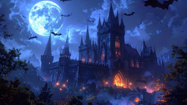 A gothic castle under a full moon, with bats flying and atmospheric lighting