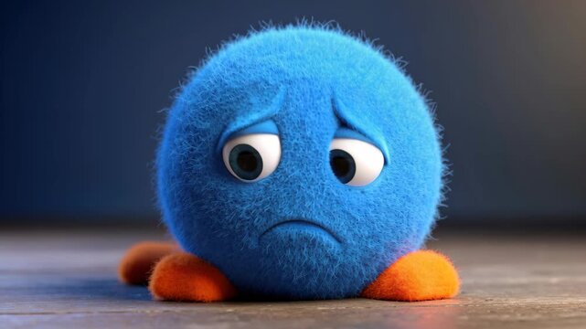 Sad Blue Furball: A small, round, blue, furry creature with big sad eyes and orange feet sits slumped down, conveying a feeling of disappointment.