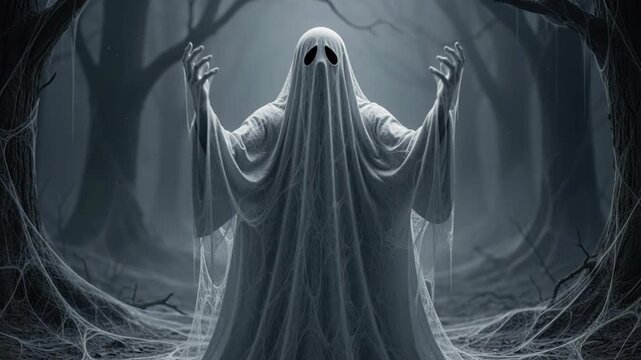 Ethereal Entity in Shadowed Woods: A ghostly figure draped in white fabric emerges from the darkness, its vacant eyes fixed forward.