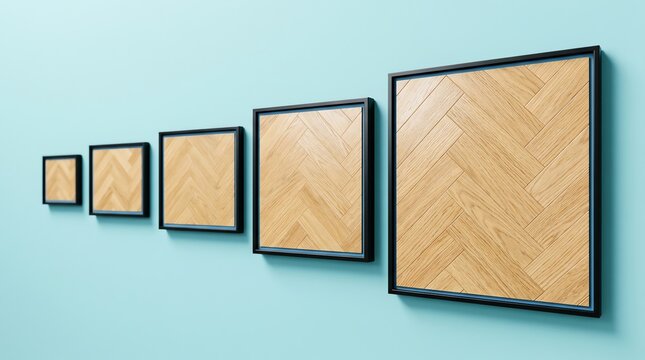 Progressive Sequence of Framed Wooden Parquet Tiles in Increasing Sizes on Blue Background