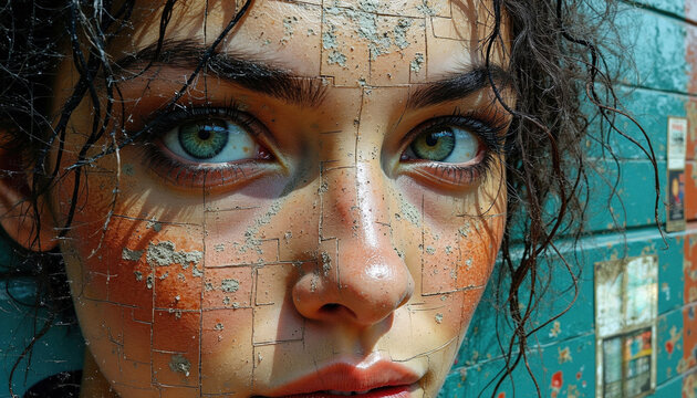 Close-up portrait of woman with teal eyes. Face textured like cracked ceramic tiles with dirt, wear. Dark curly hair messy, falls around face. Looks forward with neutral expression.