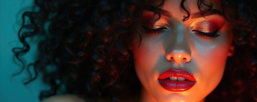 Close-up portrait of a woman with curly hair and red lips. She wears dramatic eye makeup and her eyes are closed, highlighting her facial features and skin texture in warm lighting.