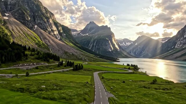 Winding road through mountain valley along a scenic lake.